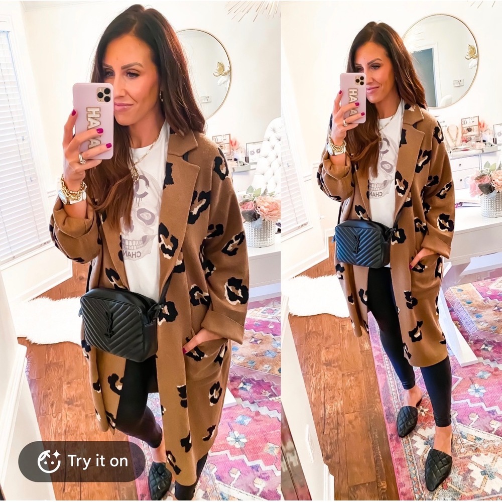 J.Crew Ella Leopard Print Merino Wool Blend Long Sweater Blazer Brown XXL AQ385